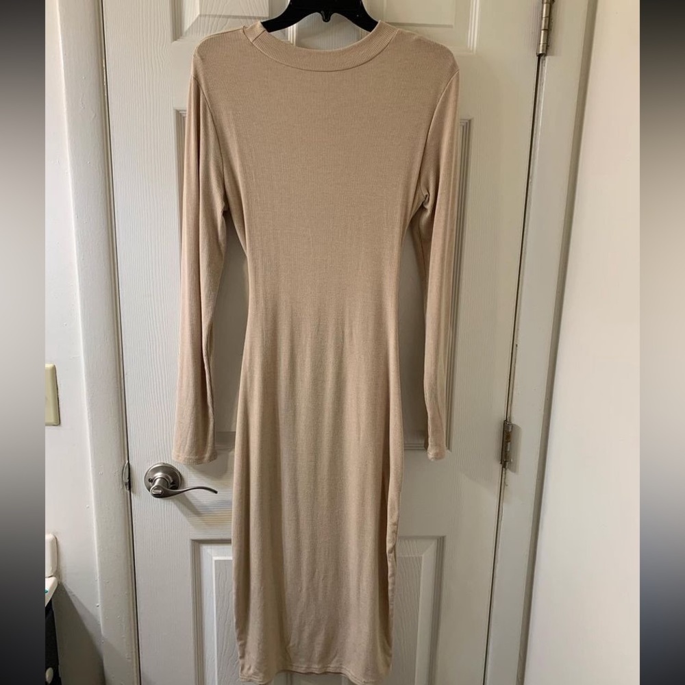Tan long sleeve dress with slit in the back